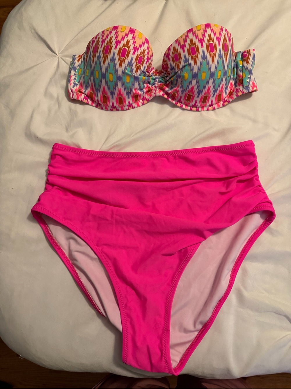 New VS Strapless Bandeau Swim Top and High-Waist Bikini Bottom - Hot Pink Multi